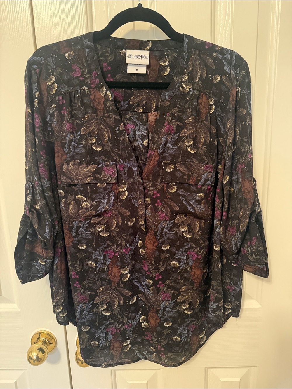 Harry Potter Black Floral Long-Sleeve Button-Front Blouse